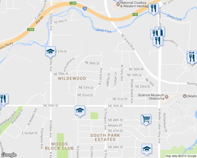 map of restaurants, bars, coffee shops, grocery stores, and more near 1333 Northeast 54th Street in Oklahoma City