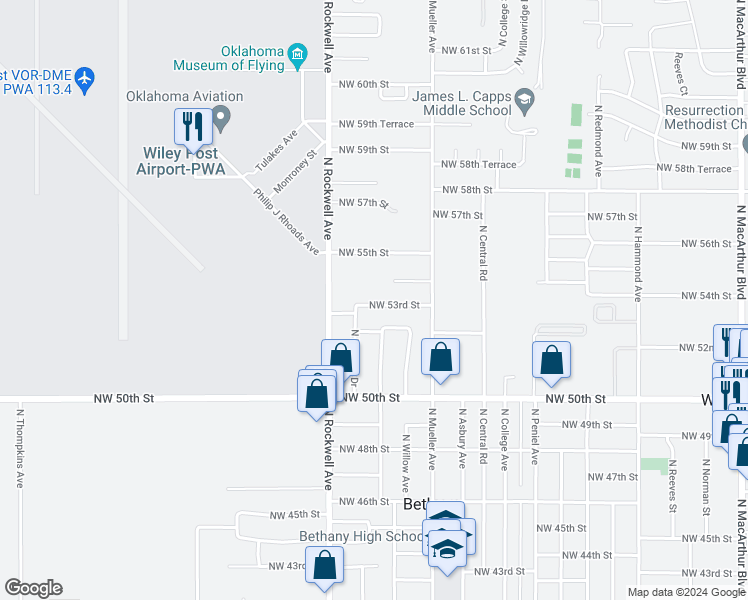 map of restaurants, bars, coffee shops, grocery stores, and more near 6911 Northwest 53rd Street in Bethany