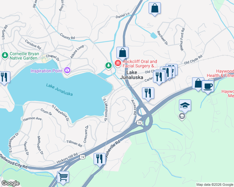 map of restaurants, bars, coffee shops, grocery stores, and more near 778 Access Road in Waynesville