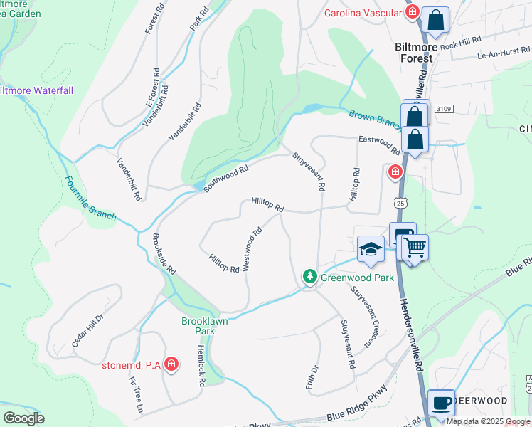 map of restaurants, bars, coffee shops, grocery stores, and more near 34 Hilltop Road in Biltmore Forest