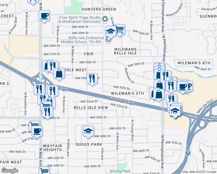 map of restaurants, bars, coffee shops, grocery stores, and more near 2416 Northwest 55th Street in Oklahoma City