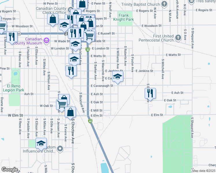 map of restaurants, bars, coffee shops, grocery stores, and more near 819 South Macomb Avenue in El Reno