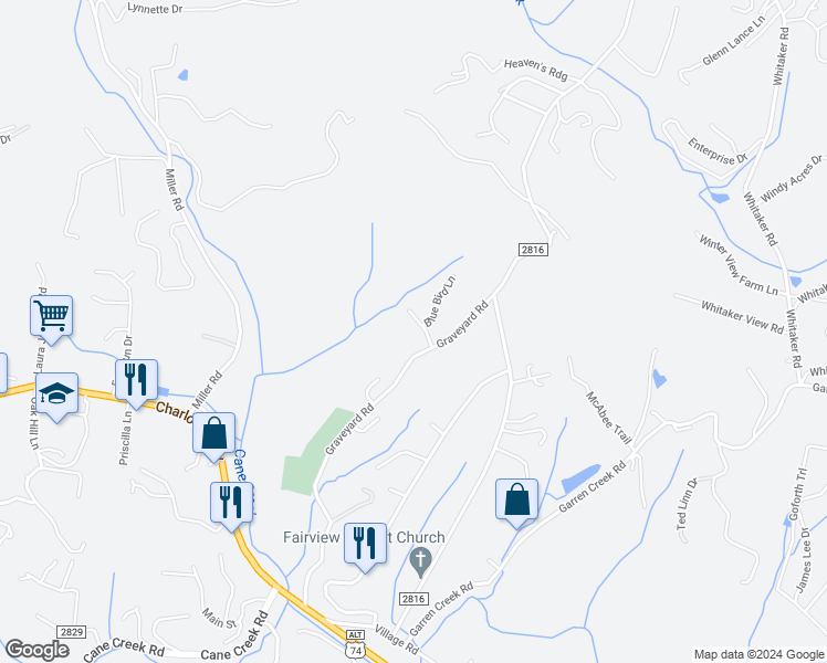 map of restaurants, bars, coffee shops, grocery stores, and more near 2 Blue Bird Lane in Fairview