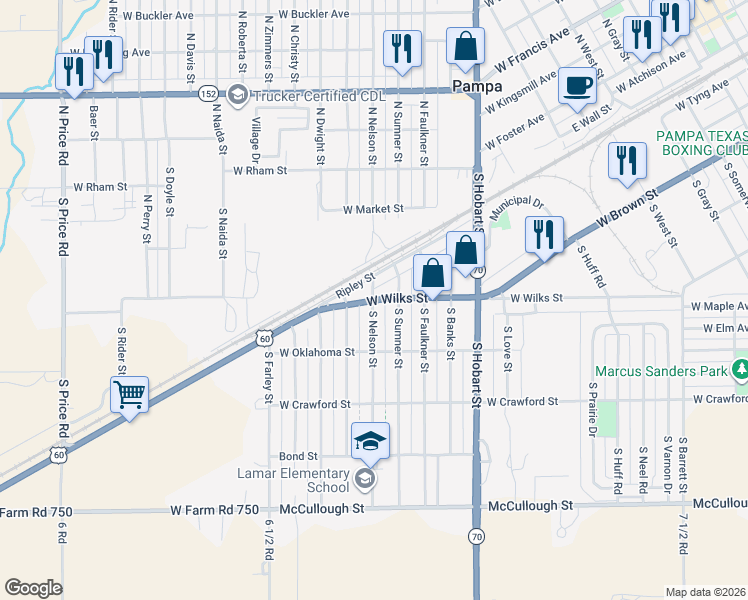 map of restaurants, bars, coffee shops, grocery stores, and more near 1298 West Wilks Street in Pampa