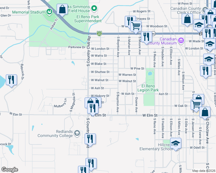 map of restaurants, bars, coffee shops, grocery stores, and more near 1408 West Ash Street in El Reno