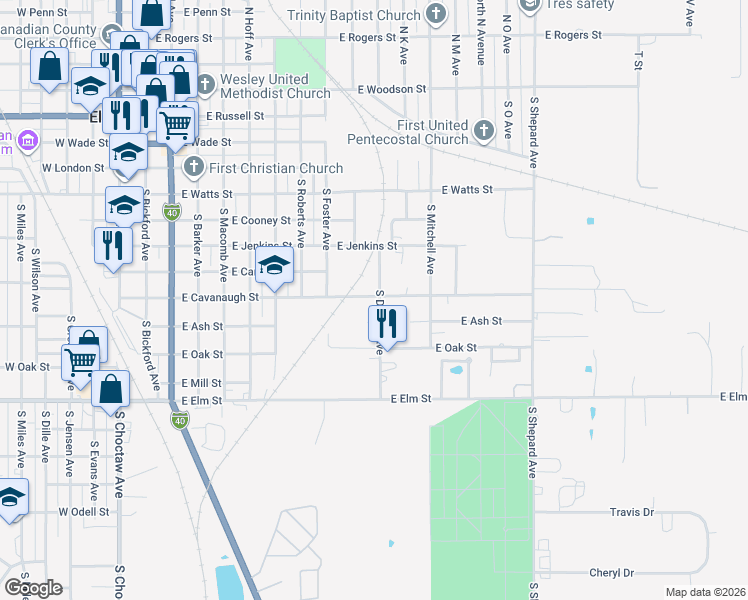 map of restaurants, bars, coffee shops, grocery stores, and more near 900 South Donald Avenue in El Reno