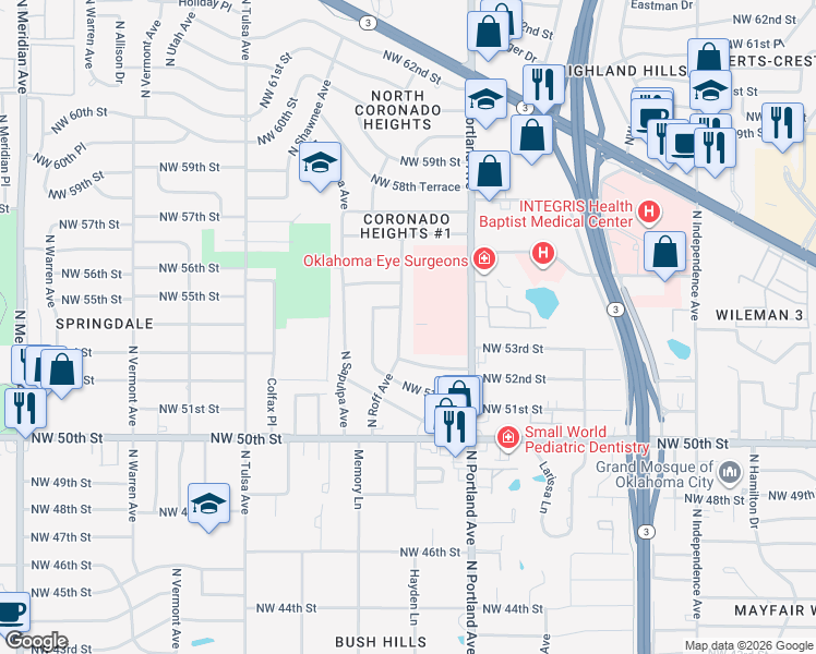 map of restaurants, bars, coffee shops, grocery stores, and more near 5528 North Roff Avenue in Oklahoma City
