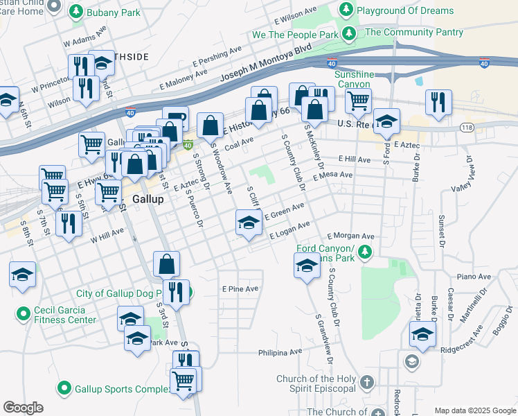 map of restaurants, bars, coffee shops, grocery stores, and more near 505 South Cliff Drive in Gallup