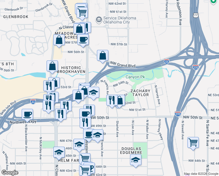 map of restaurants, bars, coffee shops, grocery stores, and more near 5428 North Francis Avenue in Oklahoma City
