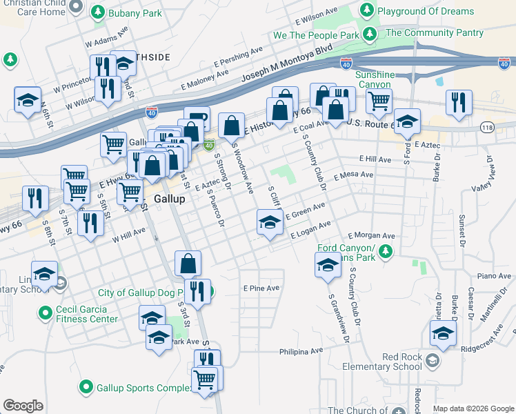 map of restaurants, bars, coffee shops, grocery stores, and more near 599 South Woodrow Avenue in Gallup