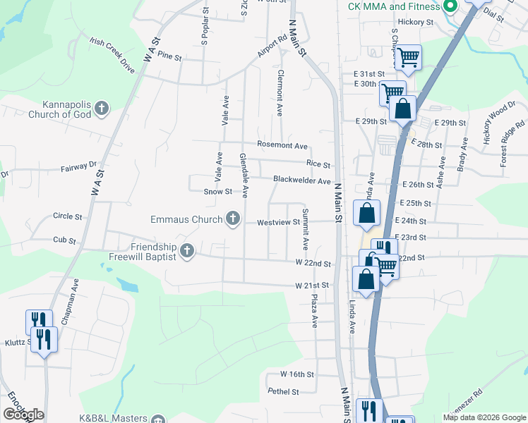 map of restaurants, bars, coffee shops, grocery stores, and more near 2407 Brookside Avenue in Kannapolis