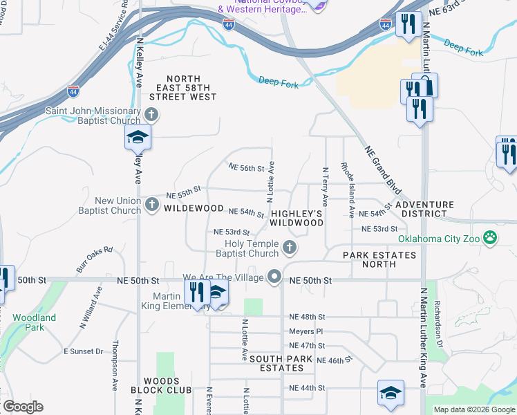 map of restaurants, bars, coffee shops, grocery stores, and more near 1333 Northeast 54th Street in Oklahoma City