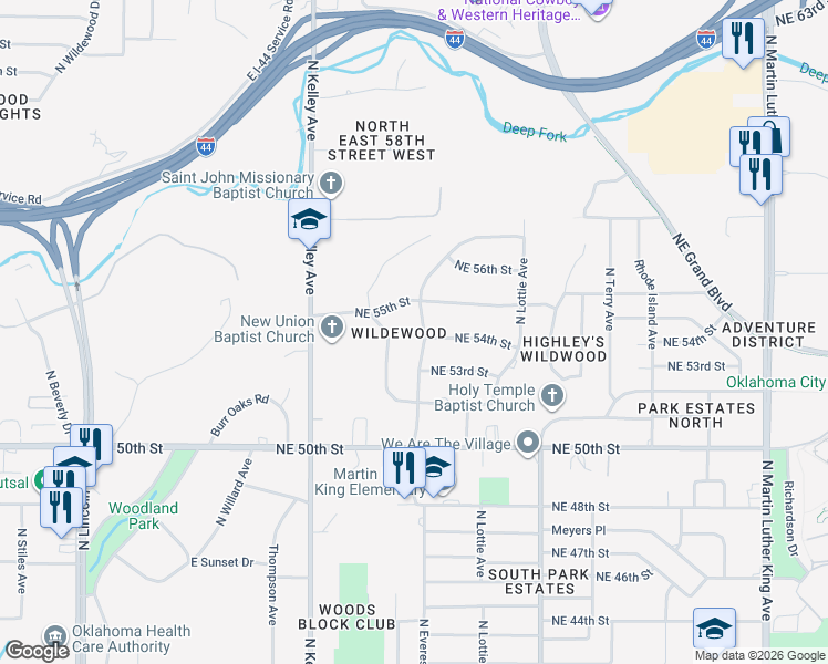 map of restaurants, bars, coffee shops, grocery stores, and more near 5500 North Stonewall Drive in Oklahoma City