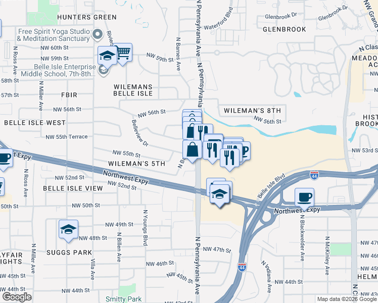 map of restaurants, bars, coffee shops, grocery stores, and more near 5605 North Pennsylvania Avenue in Oklahoma City