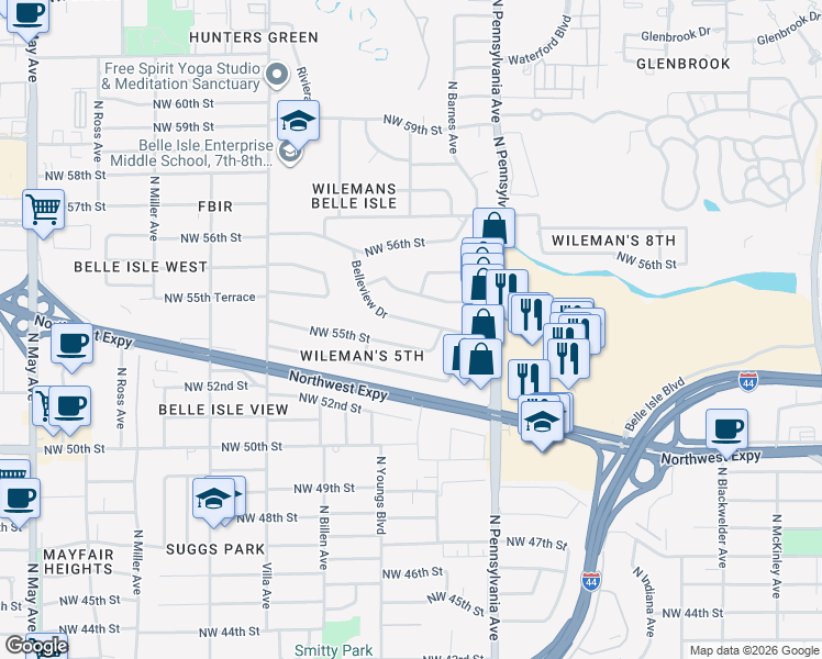 map of restaurants, bars, coffee shops, grocery stores, and more near 2246 Belleview Drive in Oklahoma City