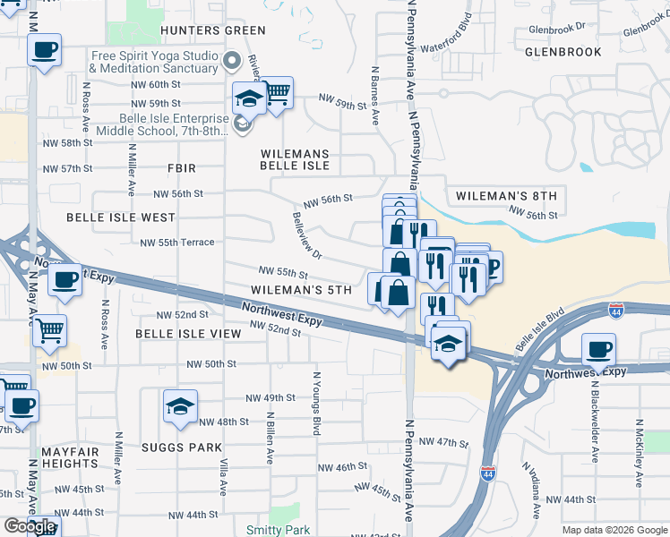 map of restaurants, bars, coffee shops, grocery stores, and more near 2246 Belleview Drive in Oklahoma City