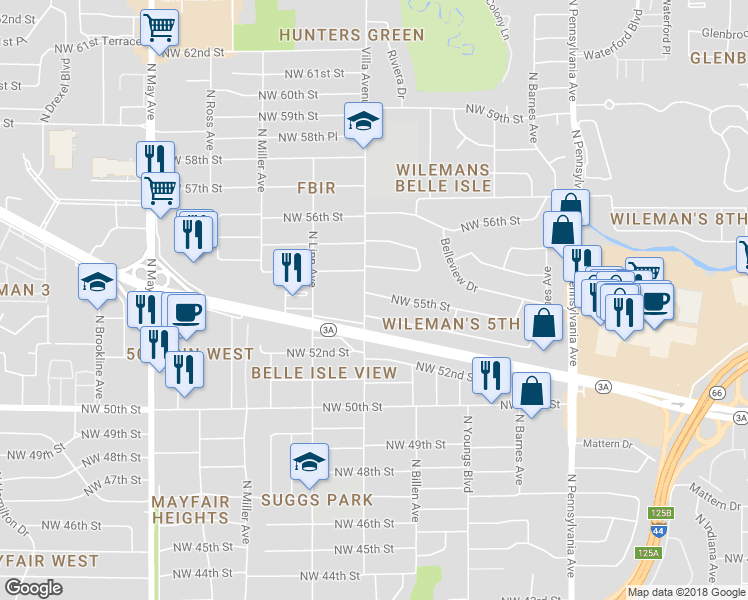 map of restaurants, bars, coffee shops, grocery stores, and more near 2416 Northwest 55th Street in Oklahoma City