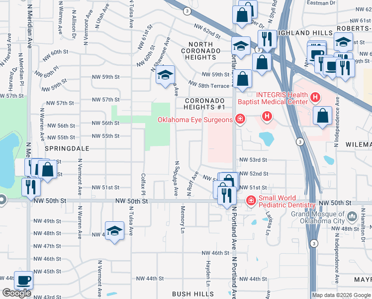 map of restaurants, bars, coffee shops, grocery stores, and more near 5552 North Shawnee Avenue in Oklahoma City