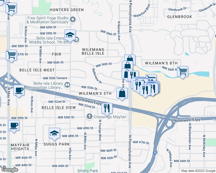 map of restaurants, bars, coffee shops, grocery stores, and more near 2246 Belleview Dr in Oklahoma City