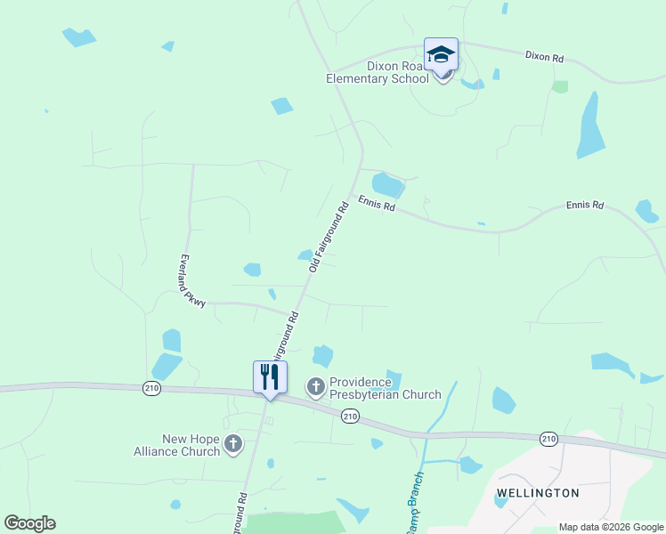 map of restaurants, bars, coffee shops, grocery stores, and more near 2089 Old Fairground Road in Angier