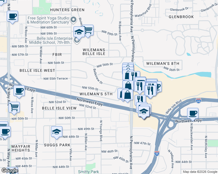 map of restaurants, bars, coffee shops, grocery stores, and more near 2246 Belleview Drive in Oklahoma City