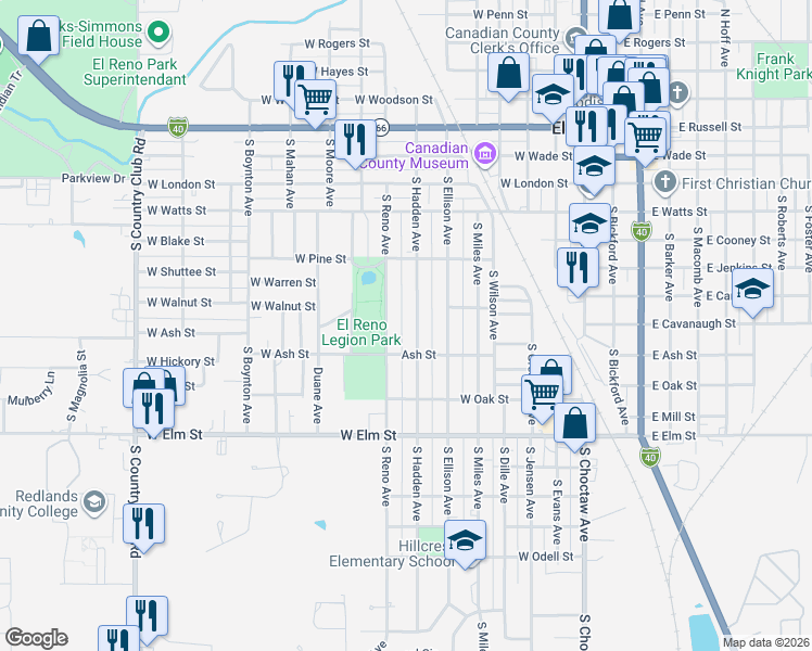 map of restaurants, bars, coffee shops, grocery stores, and more near 716 South Hadden Avenue in El Reno
