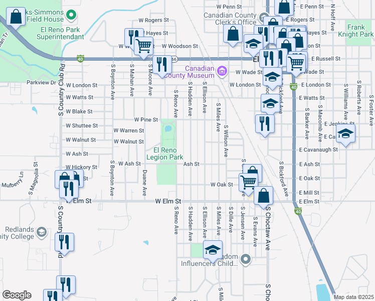 map of restaurants, bars, coffee shops, grocery stores, and more near 716 South Hadden Avenue in El Reno