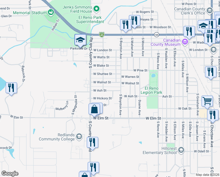 map of restaurants, bars, coffee shops, grocery stores, and more near 1408 West Ash Street in El Reno