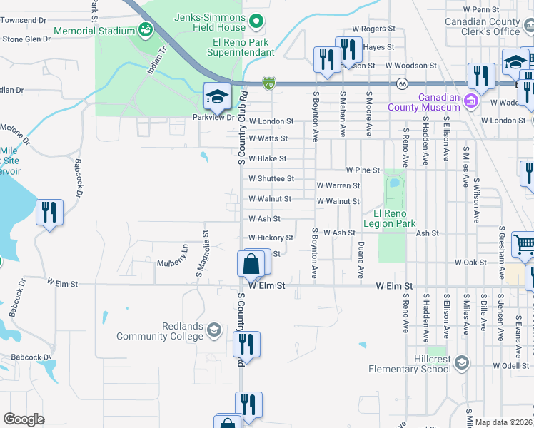 map of restaurants, bars, coffee shops, grocery stores, and more near 1500 West Ash Street in El Reno
