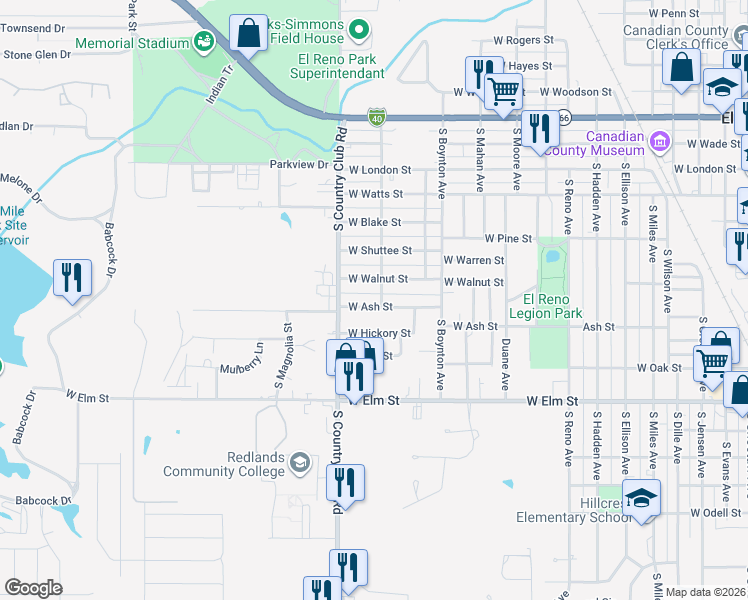map of restaurants, bars, coffee shops, grocery stores, and more near 1500 West Ash Street in El Reno