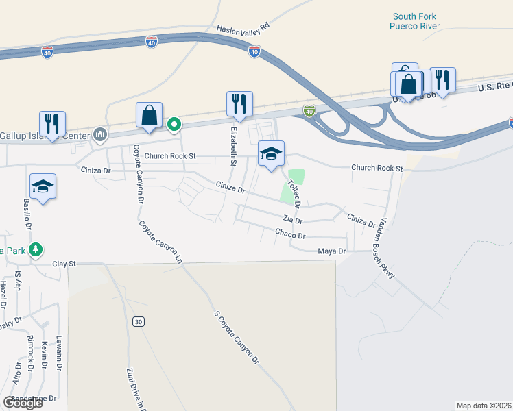 map of restaurants, bars, coffee shops, grocery stores, and more near 3612 Ciniza Drive in Gallup