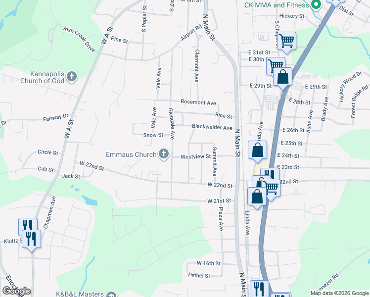 map of restaurants, bars, coffee shops, grocery stores, and more near 2407 Brookside Avenue in Kannapolis