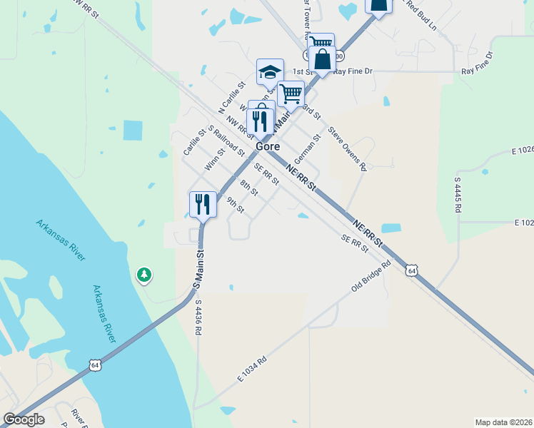 map of restaurants, bars, coffee shops, grocery stores, and more near 212 South West Railroad Street in Gore