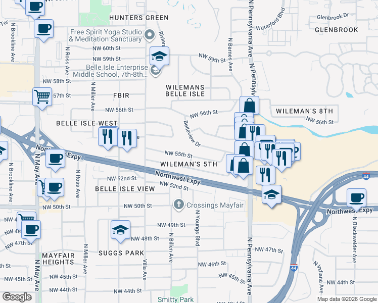 map of restaurants, bars, coffee shops, grocery stores, and more near 2263 Northwest 55th Street in Oklahoma City