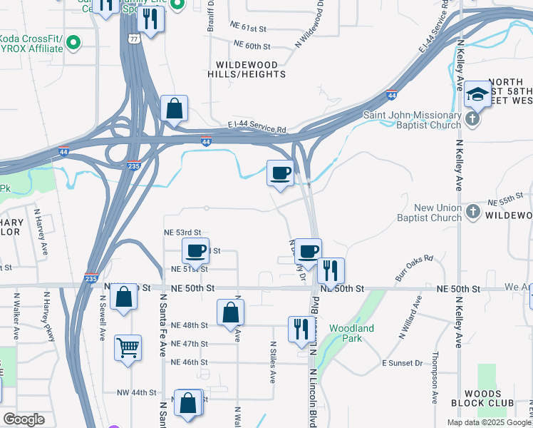 map of restaurants, bars, coffee shops, grocery stores, and more near 500 Central Park Drive in Oklahoma City