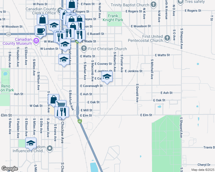 map of restaurants, bars, coffee shops, grocery stores, and more near 901 S Williams Ave in El Reno