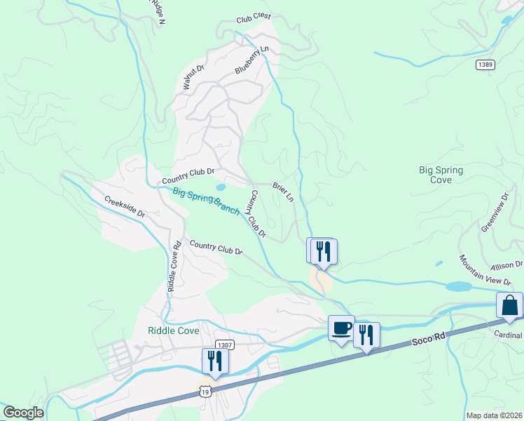 map of restaurants, bars, coffee shops, grocery stores, and more near 86 Pleasant Ridge Drive in Maggie Valley