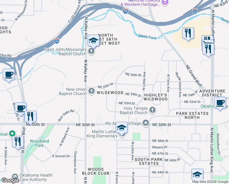 map of restaurants, bars, coffee shops, grocery stores, and more near 5500 North Stonewall Drive in Oklahoma City