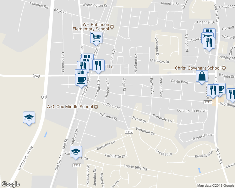map of restaurants, bars, coffee shops, grocery stores, and more near 261 Cooper Street in Winterville