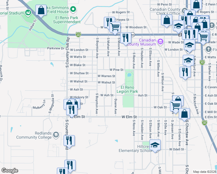 map of restaurants, bars, coffee shops, grocery stores, and more near 713 S Mahan Ave in El Reno