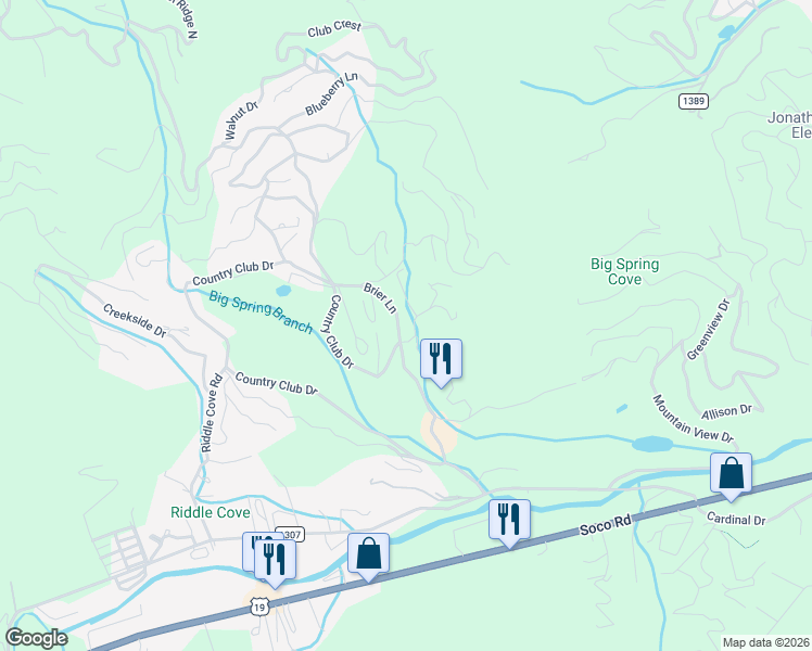 map of restaurants, bars, coffee shops, grocery stores, and more near 79 Brier Lane in Maggie Valley