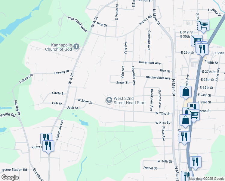 map of restaurants, bars, coffee shops, grocery stores, and more near Vale Avenue in Kannapolis