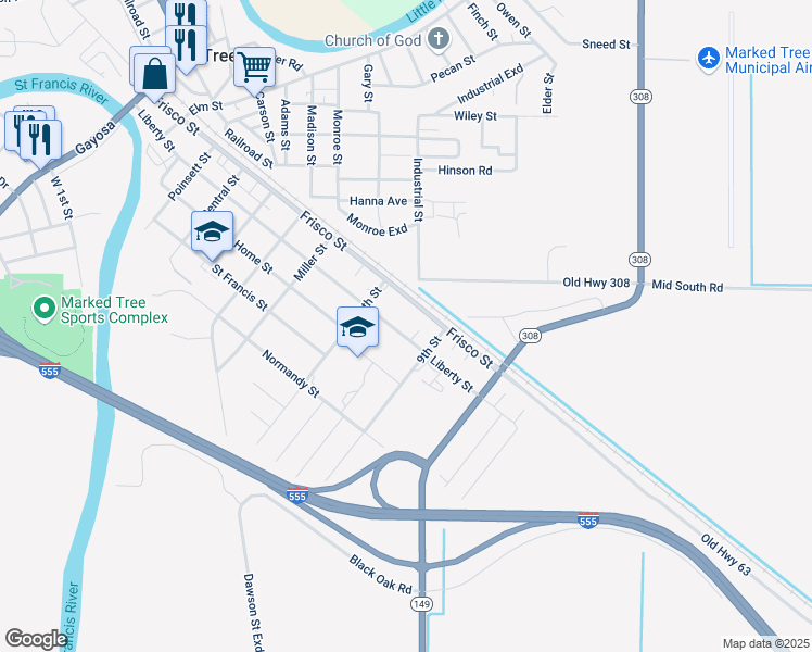 map of restaurants, bars, coffee shops, grocery stores, and more near 710 Frisco Street in Marked Tree