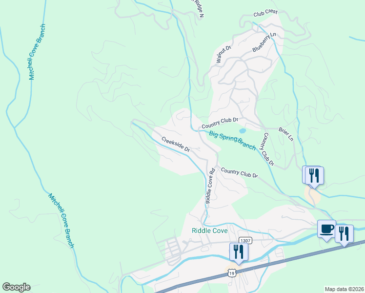 map of restaurants, bars, coffee shops, grocery stores, and more near 250 Creekside Drive in Maggie Valley
