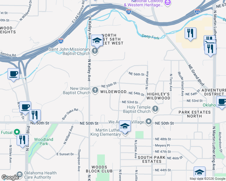 map of restaurants, bars, coffee shops, grocery stores, and more near 5500 North Stonewall Drive in Oklahoma City