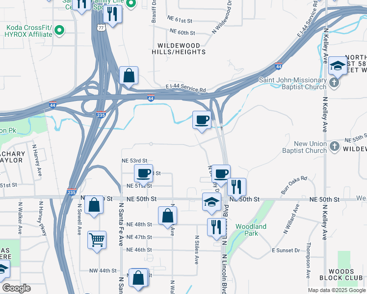 map of restaurants, bars, coffee shops, grocery stores, and more near 500 Central Park Drive in Oklahoma City