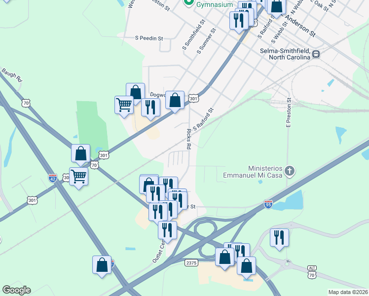 map of restaurants, bars, coffee shops, grocery stores, and more near 204 Ricks Road in Selma
