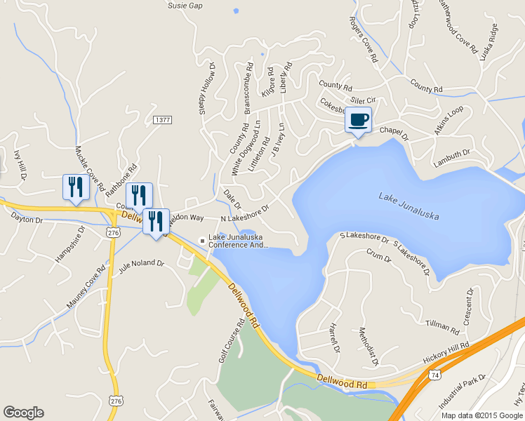 map of restaurants, bars, coffee shops, grocery stores, and more near 300 North Lakeshore Drive in Lake Junaluska