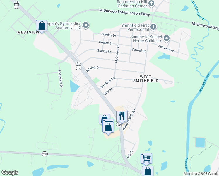 map of restaurants, bars, coffee shops, grocery stores, and more near 203 Britt Street in Smithfield