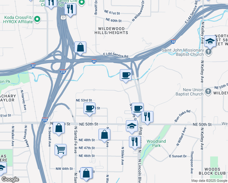 map of restaurants, bars, coffee shops, grocery stores, and more near 500 Central Park Drive in Oklahoma City
